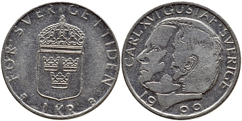 Швеция 1 крона 1999 Карл XVI Густав (1973- ) KM 852a медно-никель 4385-516