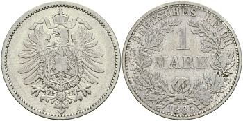 Германия 1 марка 1885 A Weege 17, J. 9, KM 7 серебро 65-146