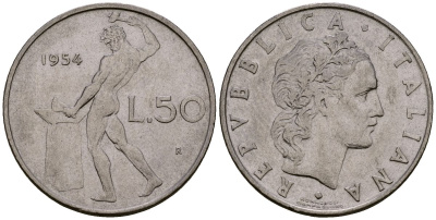 Италия 50 лир 1954 R, бог огня Вулкан у наковальни KM 95.1 нержавеющая сталь 4138-555