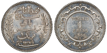 Тунис 1 франк 1911 французский протекторат KM 238 серебро  UNC  11-181-11