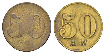 Германия игровой жетон 50 пфеннигов ND с отметкой hw латунь 4638-215