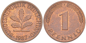 ФРГ 1 ПФЕННИГ 1987 F KM 105, J. 380 сталь плакированная медью 4181-667