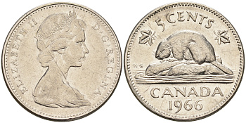 Канада 5 центов 1966 Елизавета II (1952-2022), бобер KM 60.1 никель    4148-1224