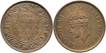Британская Индия 1/4 анна 1942 Георг VI (1937-1952) KM 531 бронза aUNC 3999-135