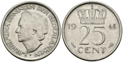 НИДЕРЛАНДЫ 25 ЦЕНТОВ 1948 ВИЛЬГЕЛЬМИНА KM 178 никель 46-2137