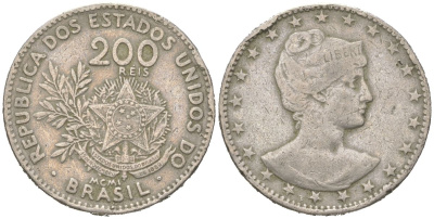 Бразилия 200 реалов 1901 MCMI, голова свободы вправо KM 504 медно-никель 4612-244
