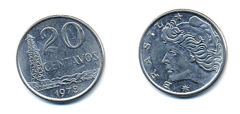 Бразилия 20 сентаво 1978 голова Свободы влево KM 579.1a, Schon 84b нержавеющая сталь 51-4443