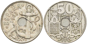 ИСПАНИЯ 50 СЕНТИМО 1963 (63) ФРАНСИСКО ФРАНКО ДИКТАТОР ИСПАНИИ (1939-1975), МОРСКАЯ АТРИБУТИКА KM 777 медно-никель 212-927