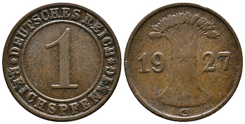 ГЕРМАНИЯ 1 РЕЙХСПФЕННИГ 1927 G KM 37, J. 313 бронза 39-943