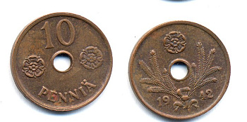 ФИНЛЯНДИЯ 10 ПЕННИ 1942 KM 33.1 медь 51-4941