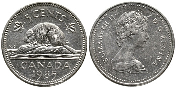 КАНАДА 5 ЦЕНТОВ 1985 ЕЛИЗАВЕТА II (1952-), БОБР, ВТОРОЙ ПОРТРЕТ В КОРОНЕ KM 60.2а медно-никель 4543-656