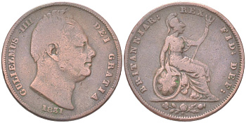 Великобритания 1 фартинг 1831 Вильгельм IV (1830-1837) KM 705, Spink 3848 медь 4613-362