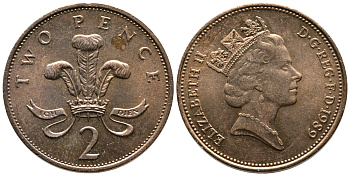 Великобритания 2 пенса 1989 Елизавета II (1952-2022) KM 936, Spink 4376 (C3) бронза 87-811