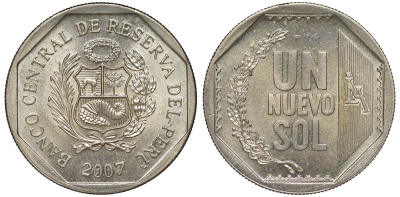 Перу 1 новый соль 2007 KM 308.4 медно-никель UNC 4605-236