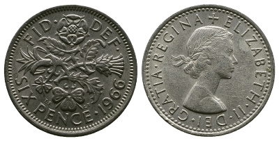 Великобритания 6 пенсов 1966 Елизавета II (1952-2022) KM 903, Spink 4149 медно-никель 4381-855