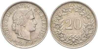 Швейцария 20 раппенов 1969 В KM 29а медно-никель 55-912
