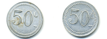 ФРАНЦИЯ 50 САНТИМОВ НАЧАЛО XX ВЕКА d 24 мм, вес около 1,0 гр., платежный жетон., платежный жетон алюминий 89-1047