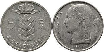 БЕЛЬГИЯ 5 ФРАНКОВ 1967 BELGIQUE KM 134.1 медно-никель 98-636