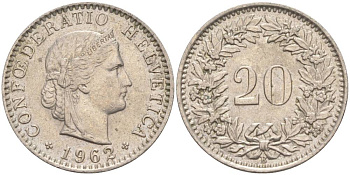 Швейцария 20 раппенов 1962 В KM 29a медно-никель 55-812