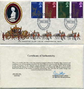 Англия медаль и комплект марок 1978 конверт Первого дня гашения, серебряный юбилей (25 лет) коронации Елизаветы II, в оригинальной упаковке серебро PROOF 7-7-5