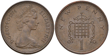 Великобритания 1 пенни 1974 Елизавета II (1952-2022) KM 915, Spink 4237 (B1) бронза    4602-552