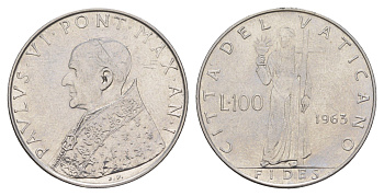 Ватикан 100 лир 1963 Павел VI KM 82 нержавеющая сталь 4595-133