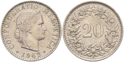 Швейцария 20 раппенов 1962 В KM 29a медно-никель 55-812