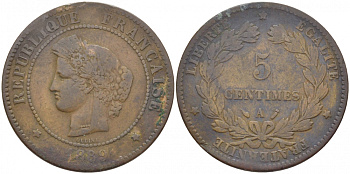ФРАНЦИЯ 5 САНТИМОВ 1889 A, ТРЕТЬЯ РЕСПУБЛИКА (1871-1940) KM 821.1, LA FRANC 118.32 бронза 4448-137