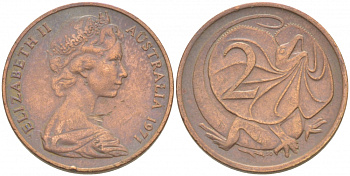 АВСТРАЛИЯ 2 ЦЕНТА 1971 ЕЛИЗАВЕТА II, МОЛОДОЙ ПОРТРЕТ, ПЛАЩЕНОСНАЯ ЯЩЕРИЦА (FRILLED LIZARD) KM 63 бронза 77-727