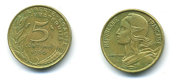 ФРАНЦИЯ 5 САНТИМОВ 1966 ТИП MARIANNE KM 933, LE FRANC 125.2 алюминиевая бронза 84-1527