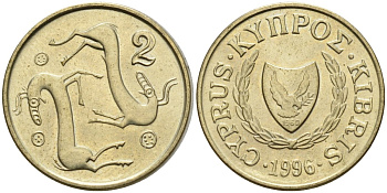 Кипр 2 цента 1996 KM 54.3 никель латунь 4596-118