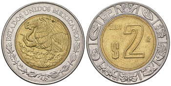 Мексика 2 песо 2001 M KM 604 биметалл 4591-222