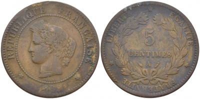 ФРАНЦИЯ 5 САНТИМОВ 1889 A, ТРЕТЬЯ РЕСПУБЛИКА (1871-1940) KM 821.1, LA FRANC 118.32 бронза 4448-137