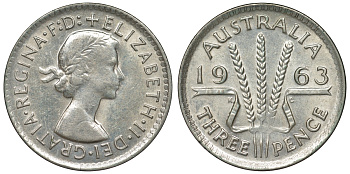 Австралия 3 пенса 1963 m, Елизавета II (1952-2022) KM 57 серебро 71-866