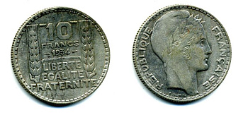 Франция 10 франков 1934 Пьер Тюрен KM 878, Le Franc 360.7 серебро 37-726