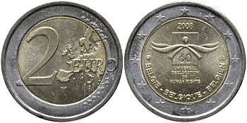 Бельгия 2 евро 2008 60 лет принятие декларации прав человека KM 248 биметалл UNC 117-622