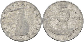 Италия 5 лир 1953 R, дельфин, плуг KM 92 алюминий 28-1143
