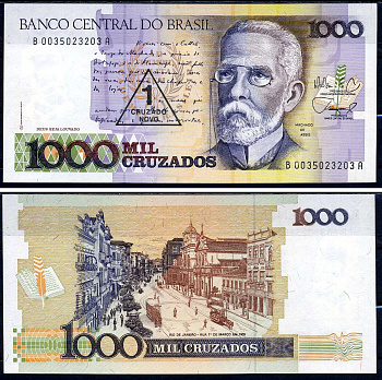 Бразилия 1 новый крузадо ND (1989) надпечатка на 1000 крузадо 1987 года (Pick 213) Pick 216 b  бумага  UNC (пресс) 2119-50-2-2