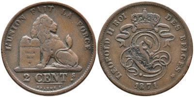 БЕЛЬГИЯ 2 САНТИМА 1871 KM 35.1 медь 3334-532