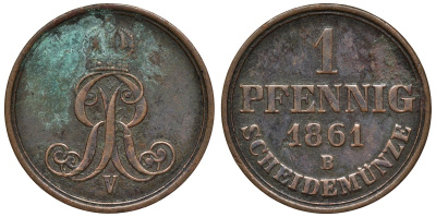 Ганновер 1 пфенниг 1861 B, Георг V KM 233, AKS 156, J. 90 медь 4594-438