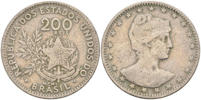 Бразилия 200 рейс 1901 голова свободы вправо KM 504 медно-никель 4589-1112