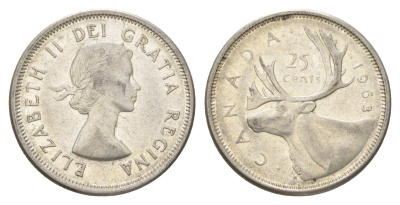 Канада 25 центов 1963 Елизавета II (1952-2022), олень KM 52 серебро 4622-842
