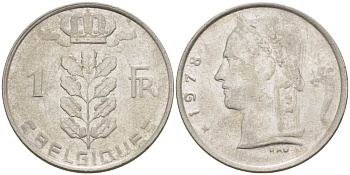 БЕЛЬГИЯ 1 ФРАНК 1978 BELGIQUE, БОДУЭН I (1951-1993) KM 142.1 медно-никель 213-541