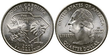 США 25 центов = квотер 2000 P, серия штаты США, Южная Каролина KM 307 медь плакированная медно-никелем 56-326