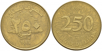 Ливан 250 ливров 1996 кедровое дерево KM 36 латунь 4548-626