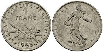 Франция 1 франк 1968 сеятель KM 925.1, Le Franc 226.4 никель 4138-255