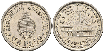 Аргентина 1 песо 1960 150 лет свержения Испанского вице-короля (1810-1960) KM 58, Schon 58, CJ 274 сталь плакированная никелем    60-1023