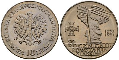 Польша 10 злотых 1971 MW, 50 лет битве за Верхнюю Силезию KM 64 медно-никель 4168-813