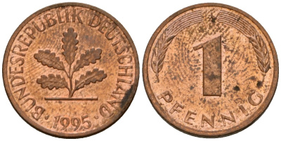 ФРГ 1 пфенниг 1995 J KM 105, J.380 сталь плакированная медью 4602-817