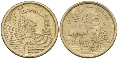 Испания 5 песет 1996 Хуан Карлос I (1975-2014), Риоха (La Rioja) KM 960 алюминиевая бронза 4602-1112